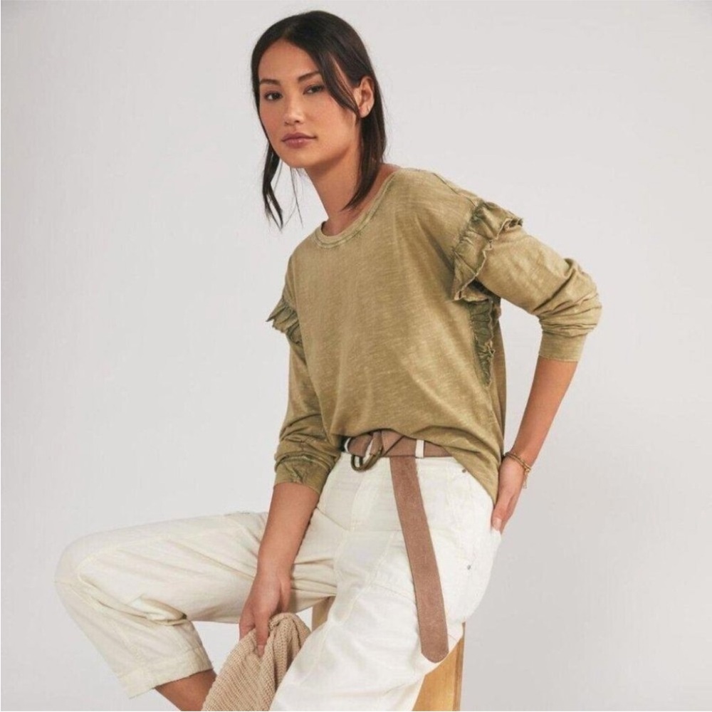 Anthropologie Pilcro Ruffled Open-Back Long Sleeve Tee Solid Moss S